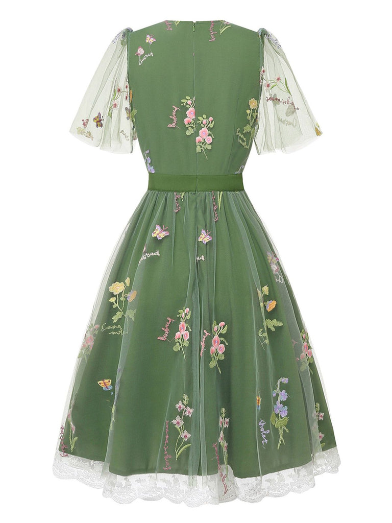 Retro Stage 1950s Green Embroidered Tulle Midi Dress | V-Neck Puff Sleeve Floral Butterfly, Green / S / 2 Retro Stage 1950s Green Embroidered Tulle Midi Dress | V-Neck Puff Sleeve Floral Butterfly, Green / S / 2