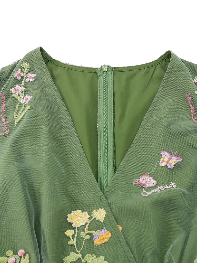 Retro Stage 1950s Green Embroidered Tulle Midi Dress | V-Neck Puff Sleeve Floral Butterfly, Green / S / 2 Retro Stage 1950s Green Embroidered Tulle Midi Dress | V-Neck Puff Sleeve Floral Butterfly, Green / S / 2