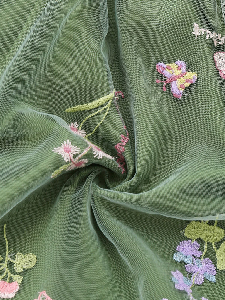 Retro Stage 1950s Green Embroidered Tulle Midi Dress | V-Neck Puff Sleeve Floral Butterfly, Green / S / 2 Retro Stage 1950s Green Embroidered Tulle Midi Dress | V-Neck Puff Sleeve Floral Butterfly, Green / S / 2