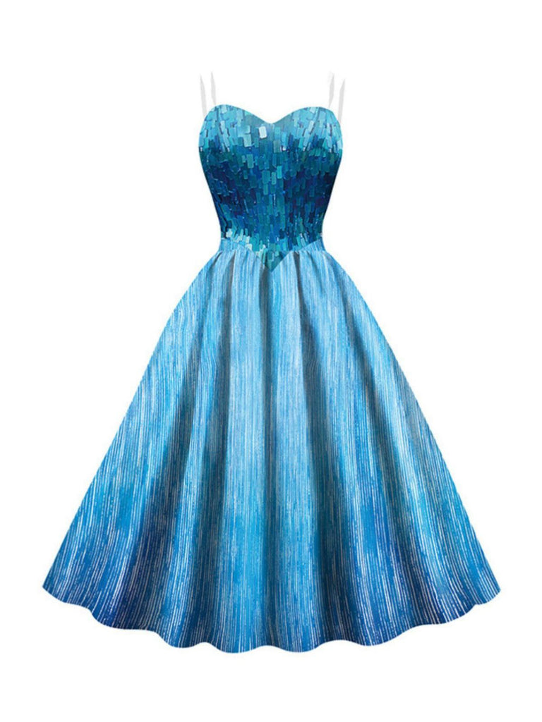 Blue 1950s Halloween Elsa Sequined Snowflake Spaghetti Strap Dress | Retro Stage Blue 1950s Halloween Elsa Sequined Snowflake Spaghetti Strap Dress | Retro Stage