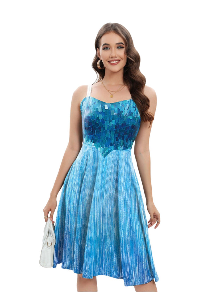 strapless open back dress Blue 1950s Halloween Elsa Sequined Snowflake Spaghetti Strap Dress
