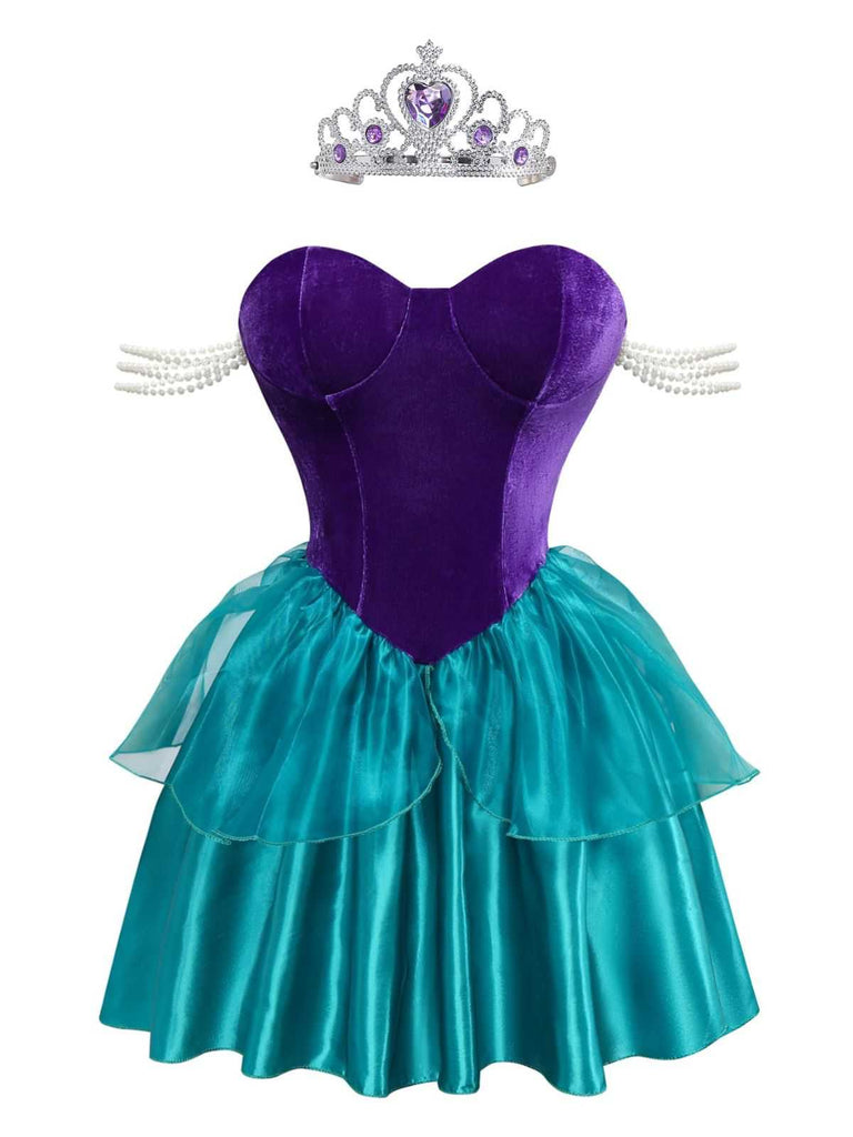 Halloween Mermaid Princess Costume for Women | Purple Velvet Bodice Teal Layered Skirt with Tiara Halloween Mermaid Princess Costume for Women | Purple Velvet Bodice Teal Layered Skirt with Tiara