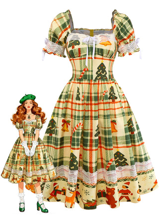 Multicolor 1950s Christmas Tartan Sweetheart Lace Patchwork Dress - vintage dress, retro fashion, rockabilly