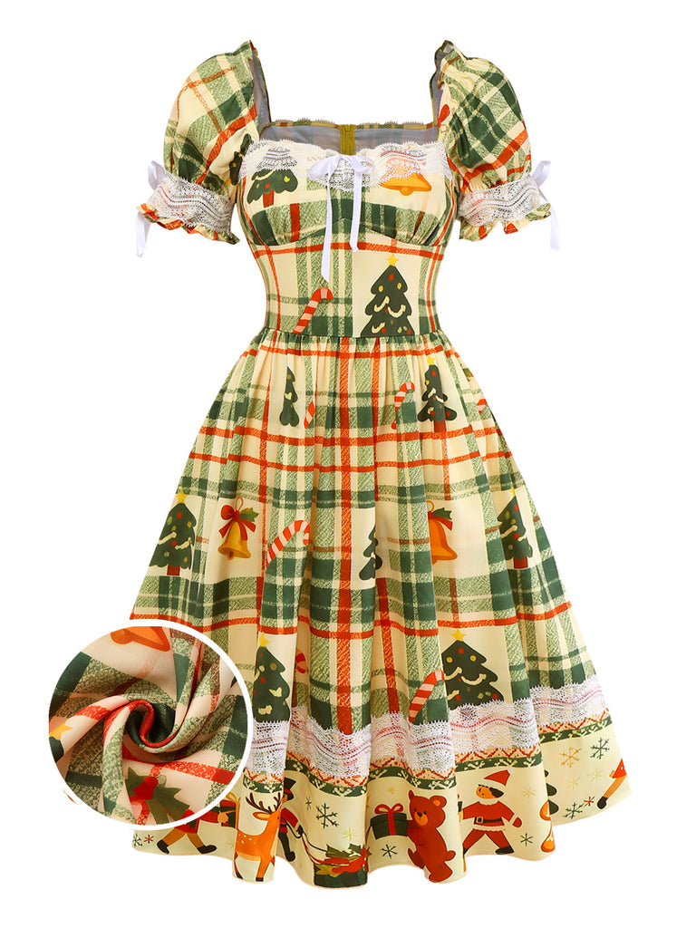 Multicolor 1950s Christmas Tartan Sweetheart Lace Patchwork Dress - vintage dress, retro fashion, rockabilly