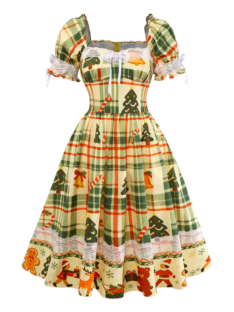 Multicolor 1950s Christmas Tartan Sweetheart Lace Patchwork Dress - vintage dress, retro fashion, rockabilly