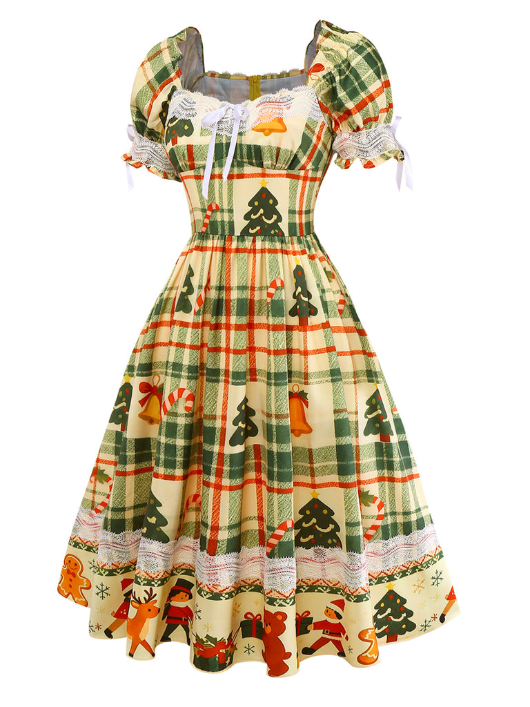 Multicolor 1950s Christmas Tartan Sweetheart Lace Patchwork Dress - vintage dress, retro fashion, rockabilly