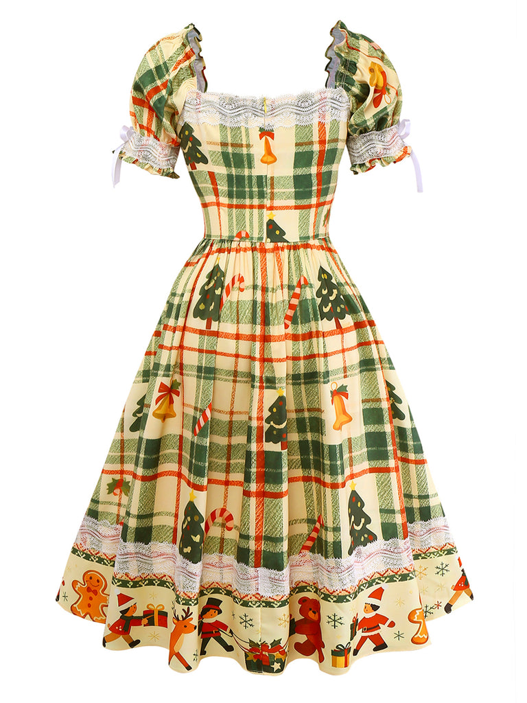 Multicolor 1950s Christmas Tartan Sweetheart Lace Patchwork Dress - vintage dress, retro fashion, rockabilly