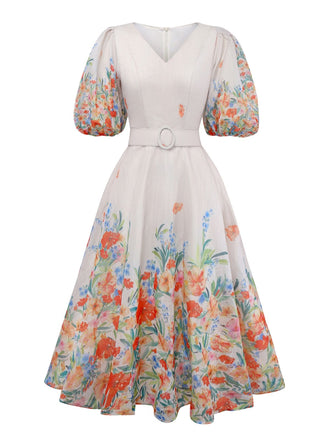 Multicolor 1950s Floral V-Neck Lantern Sleeve Belted Dress - vintage dress, retro fashion, rockabilly