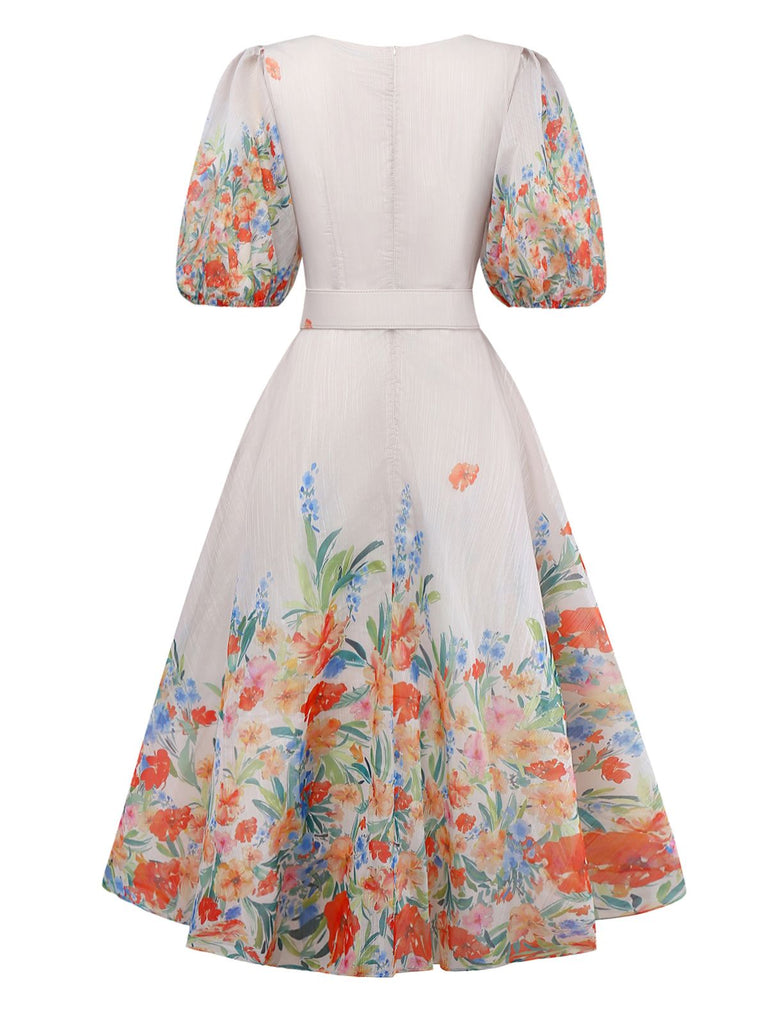 Multicolor 1950s Floral V-Neck Lantern Sleeve Belted Dress - vintage dress, retro fashion, rockabilly