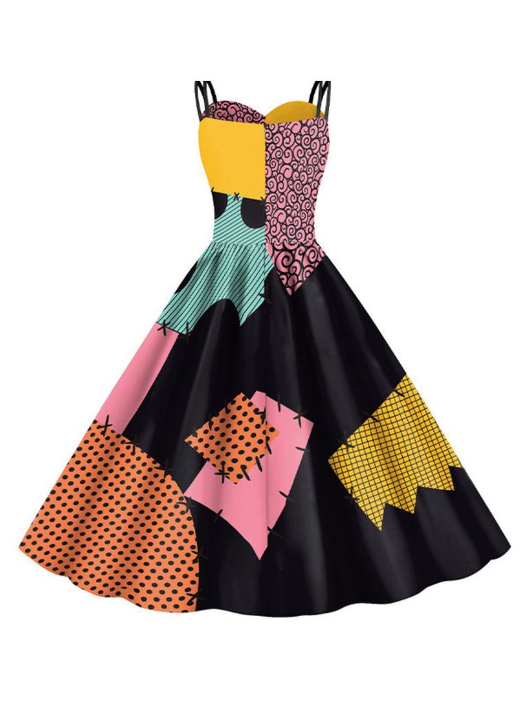 Multicolor 1950s Nightmare Before Christmas Sally Colorblock Dress - vintage dress, retro fashion, rockabilly