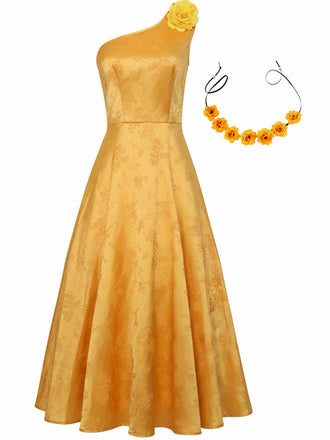 1950s One-Shoulder Jacquard Judy Cosplay Dress With 3D Floral Hairband - vintage dress, retro fashion, rockabilly