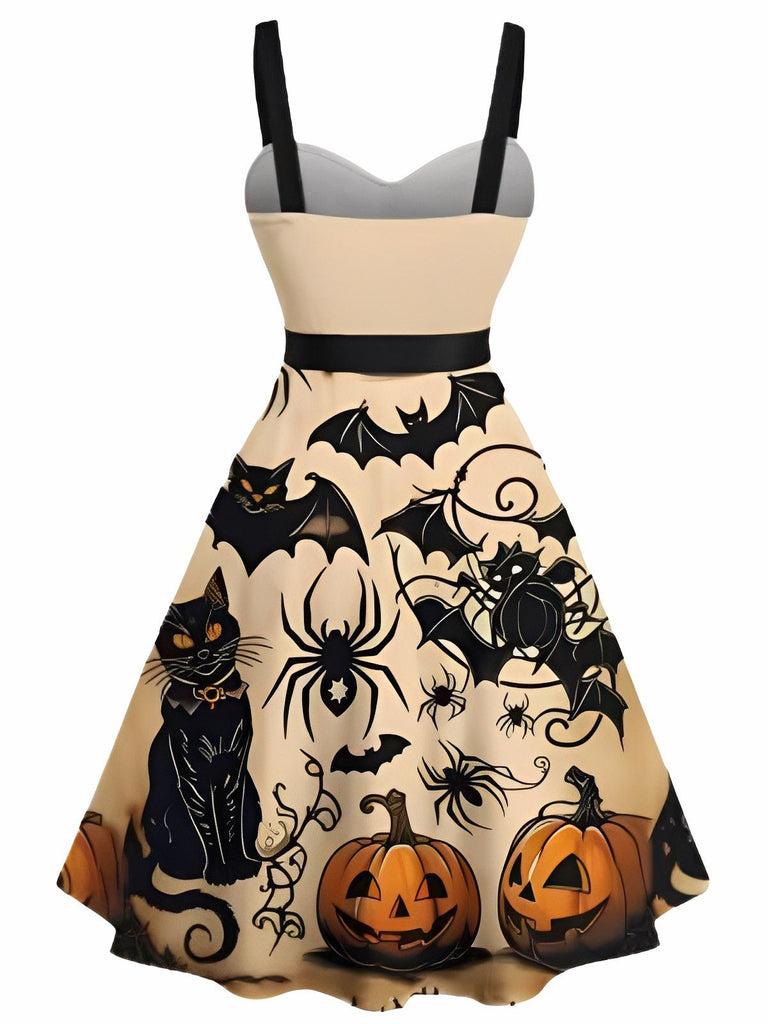 Orange 1950s Halloween Pumpkin Cat Bat Print Swing Dress - vintage dress, retro fashion, rockabilly