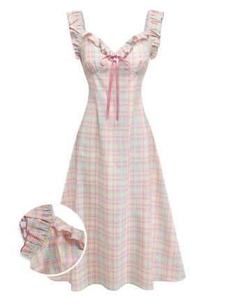 1950s Pastel Plaid Ruffled Bow Sweetheart Neck Swing Dress - vintage dress, retro fashion, rockabilly