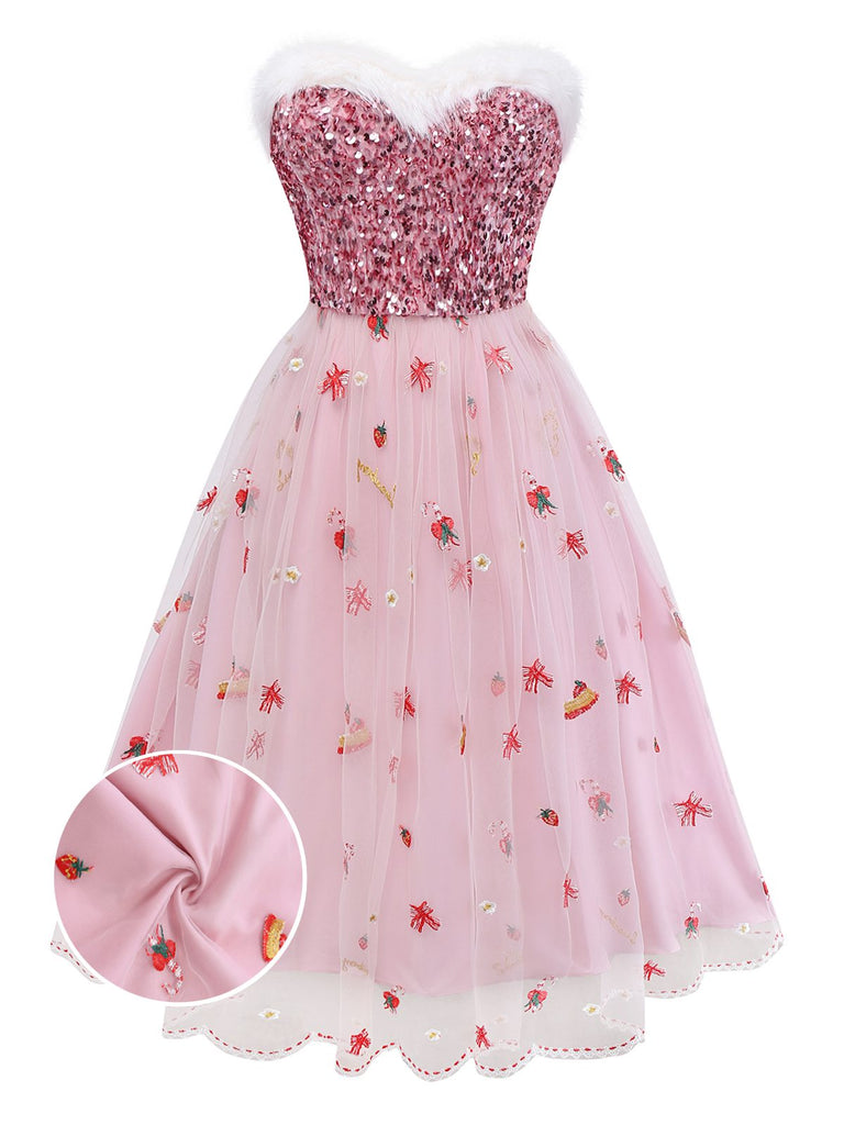 Pink Sequin Christmas Dress | Strapless Tulle Skirt with Holiday Embroidery & Faux Fur Trim Pink Sequin Christmas Dress | Strapless Tulle Skirt with Holiday Embroidery & Faux Fur Trim