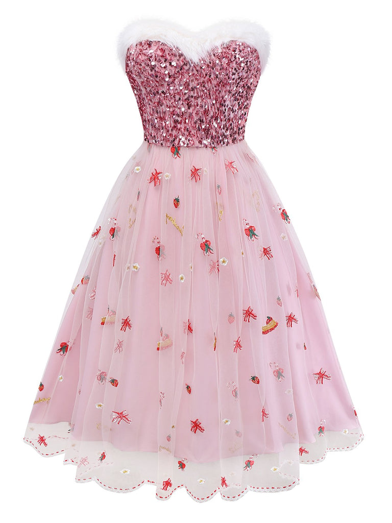 Pink Sequin Christmas Dress | Strapless Tulle Skirt with Holiday Embroidery & Faux Fur Trim Pink Sequin Christmas Dress | Strapless Tulle Skirt with Holiday Embroidery & Faux Fur Trim