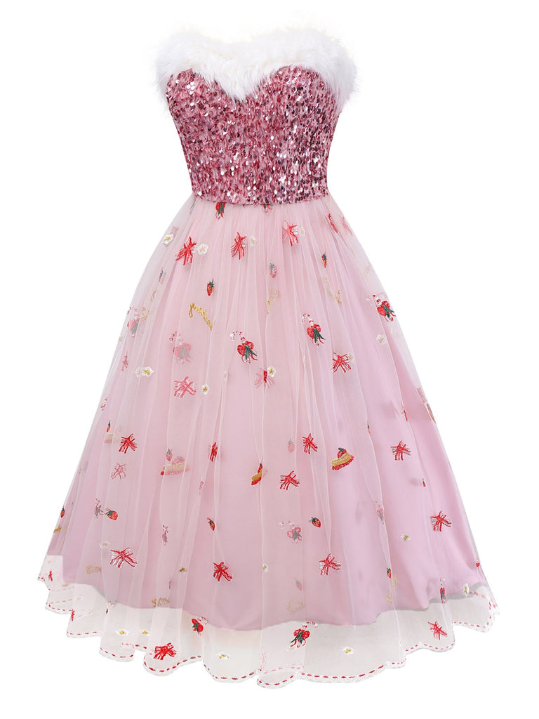 Pink Sequin Christmas Dress | Strapless Tulle Skirt with Holiday Embroidery & Faux Fur Trim Pink Sequin Christmas Dress | Strapless Tulle Skirt with Holiday Embroidery & Faux Fur Trim