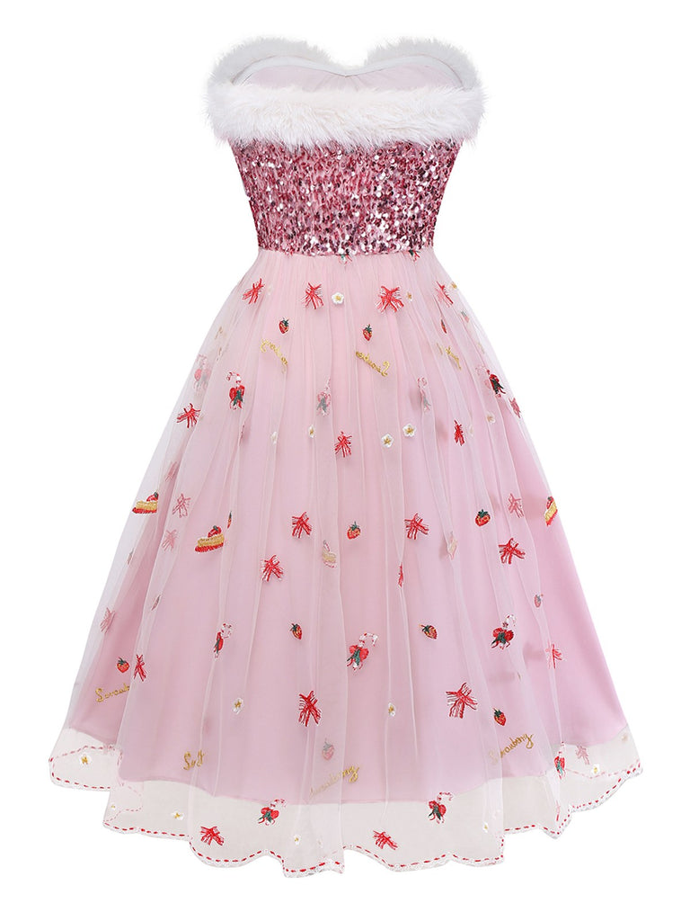 Pink Sequin Christmas Dress | Strapless Tulle Skirt with Holiday Embroidery & Faux Fur Trim Pink Sequin Christmas Dress | Strapless Tulle Skirt with Holiday Embroidery & Faux Fur Trim