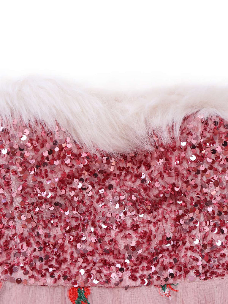 Pink Sequin Christmas Dress | Strapless Tulle Skirt with Holiday Embroidery & Faux Fur Trim Pink Sequin Christmas Dress | Strapless Tulle Skirt with Holiday Embroidery & Faux Fur Trim