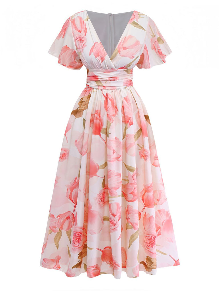 Retro Stage Floral V-neck Puff-Sleeve Midi Dress 1950s Housewife Dress Pink Retro Stage Floral V-neck Puff-Sleeve Midi Dress 1950s Housewife Dress Pink