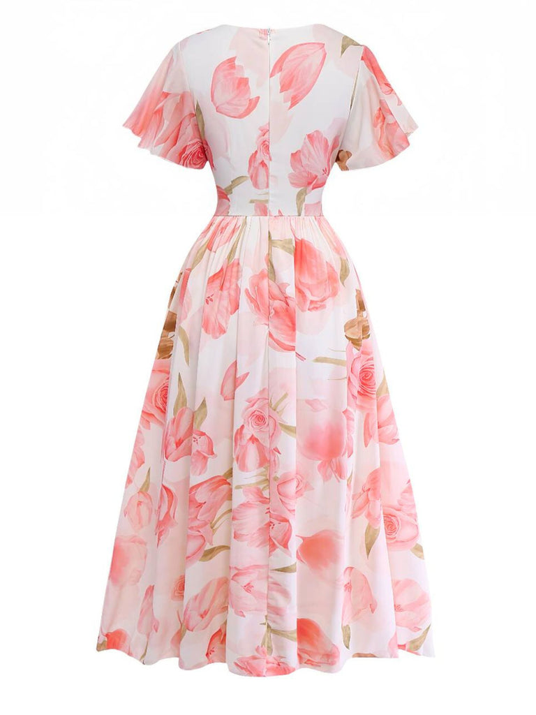 Pink 1950s Floral Print V-neck Puff-Sleeve Maxi Dress - vintage dress, retro fashion, rockabilly