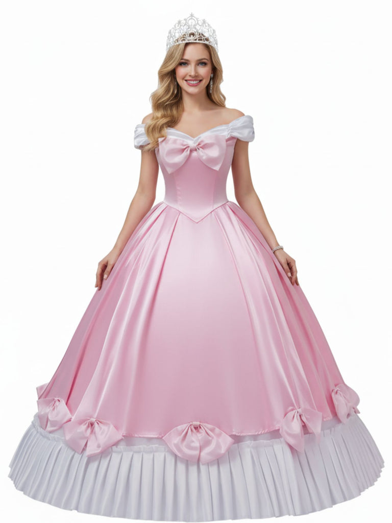 Pink 1950s Off-Shoulder Pleated Satin Bow Princess Dress | Retro Stage Pink 1950s Off-Shoulder Pleated Satin Bow Princess Dress | Retro Stage