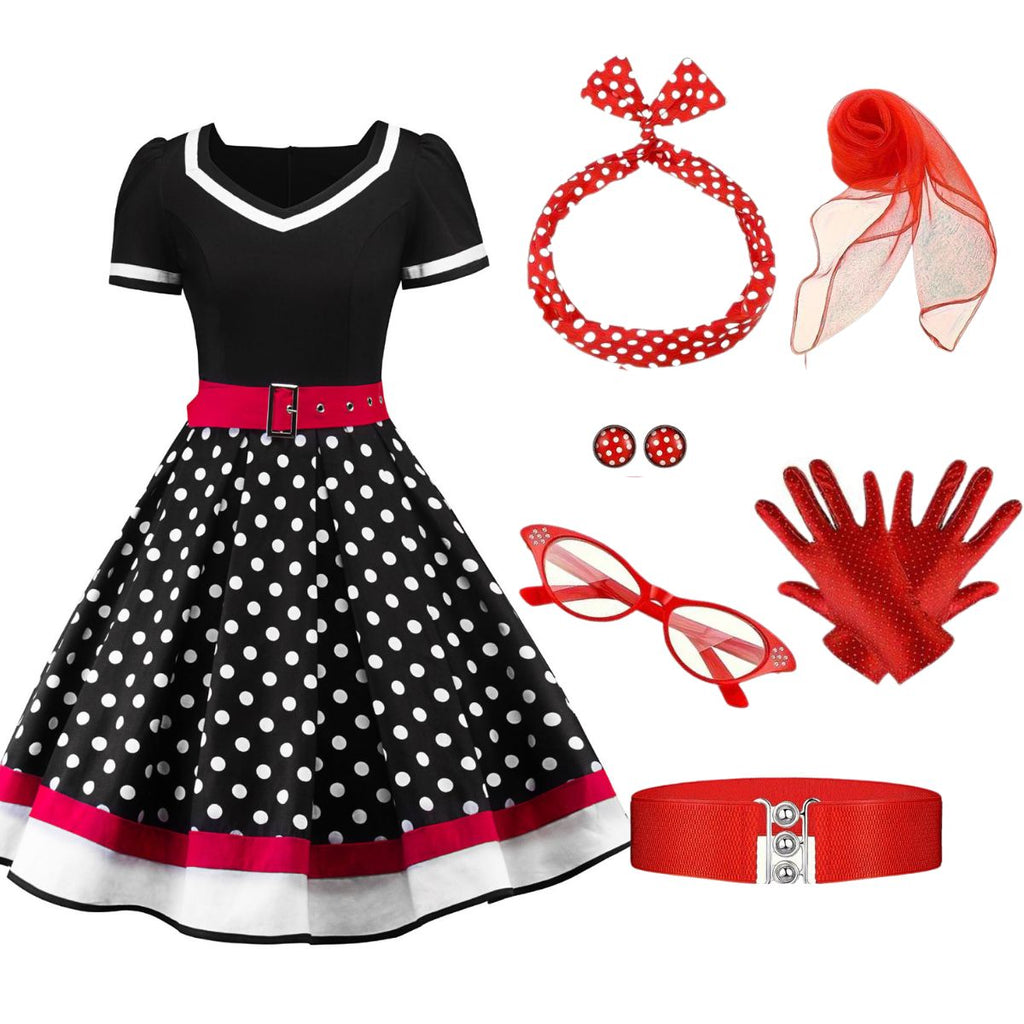 1950s Polka Dot Belted Patchwork Dress With Accessories Set - vintage dress, retro fashion, rockabilly