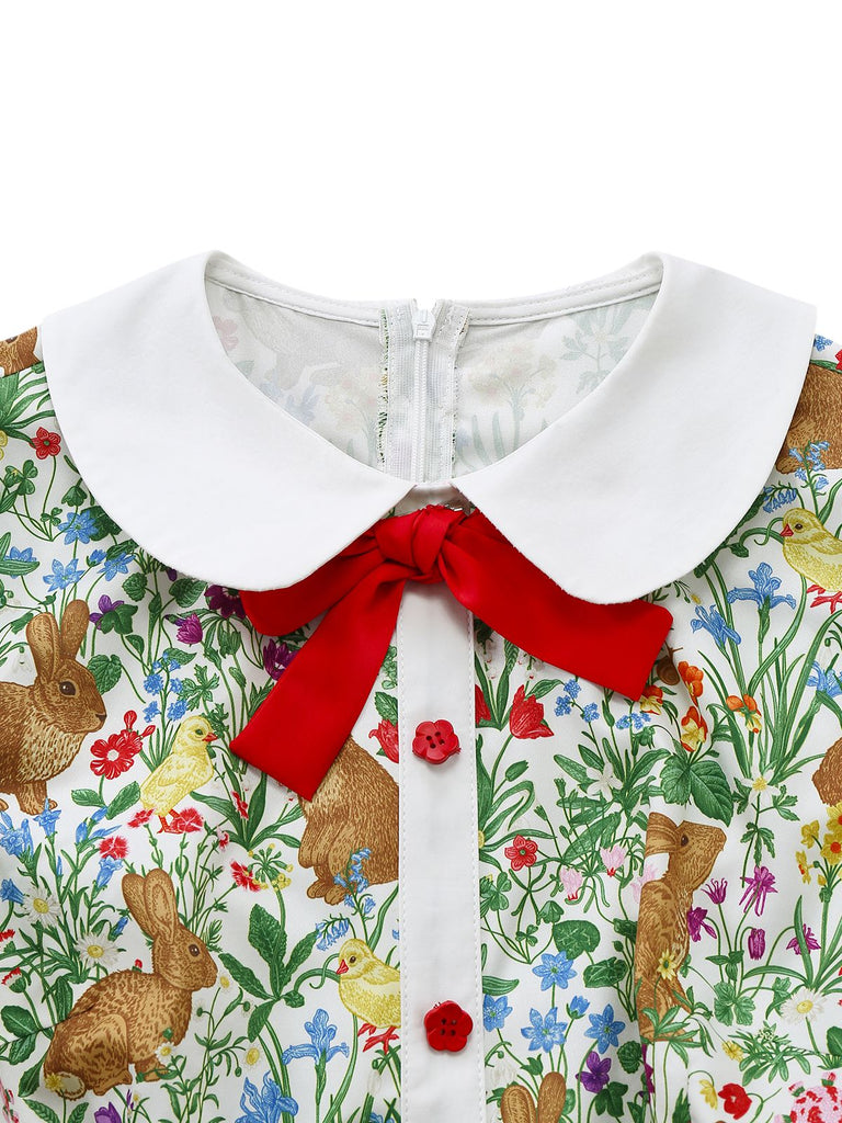 1950s Rabbit Floral Button Bow Peter Pan Collar Dress - vintage dress, retro fashion, rockabilly