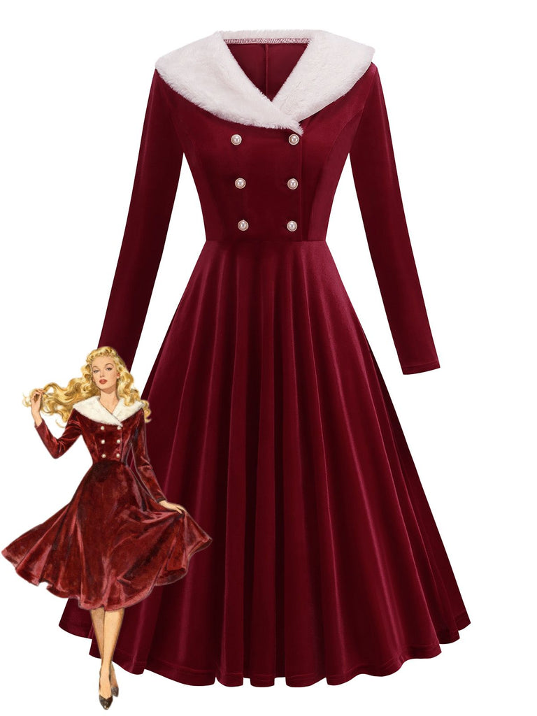 Red 1950s Christmas Velvet Santa Fur Collar Pearl Dress