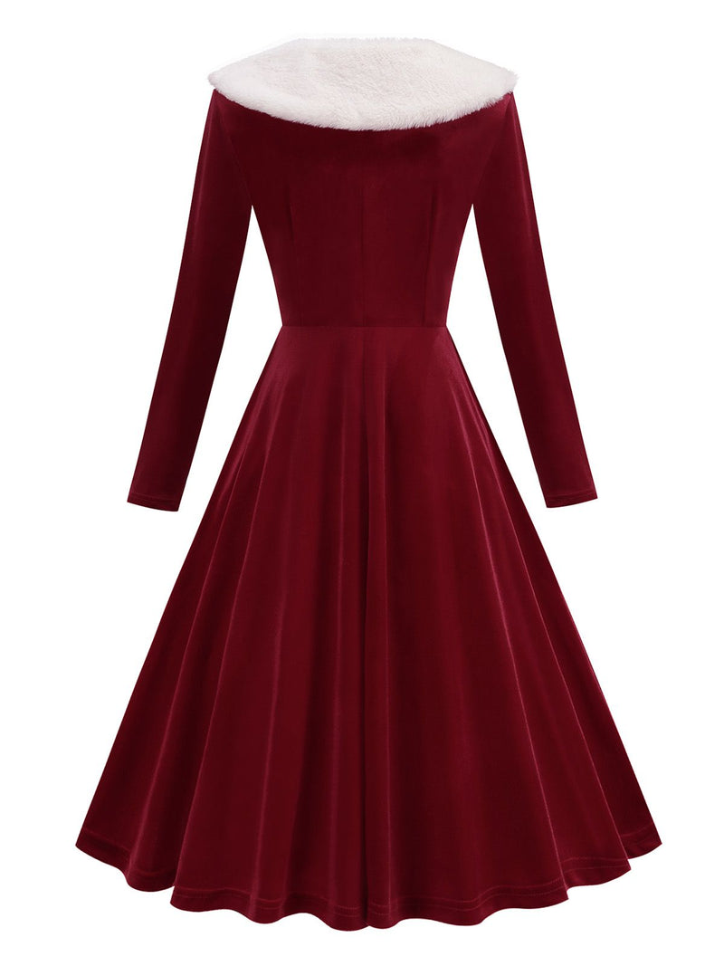 Red 1950s Christmas Velvet Santa Fur Collar Pearl Dress