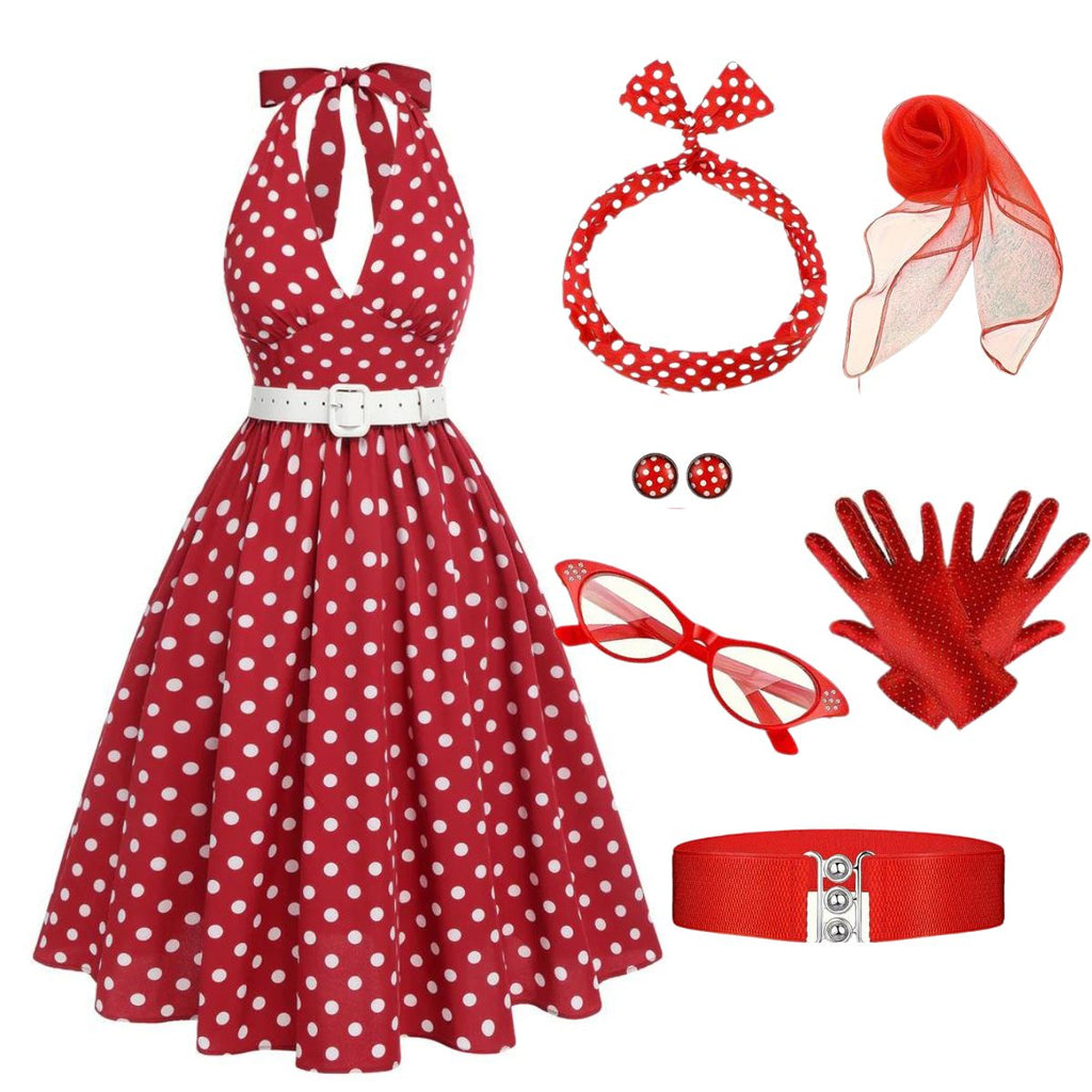 Red 1950s Polka Dot Halter Dress With Accessories Set - vintage dress, retro fashion, rockabilly