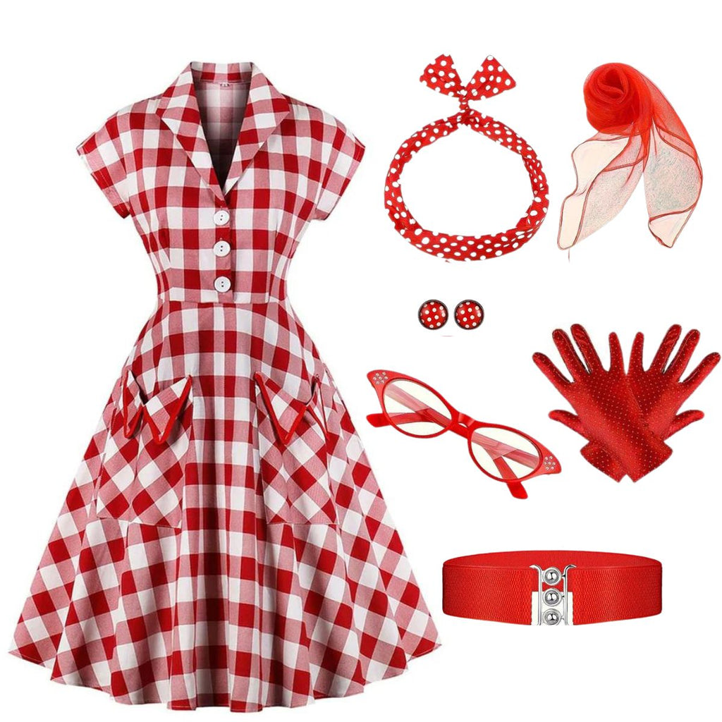Retro Stage A-Line Rockabilly Dress Red Plaid Swing Dress 1950s 60s Retro Vintage Flare Dress with Accessories Set Retro Stage A-Line Rockabilly Dress Red Plaid Swing Dress 1950s 60s Retro Vintage Flare Dress with Accessories Set