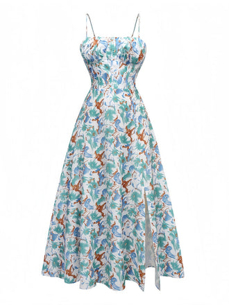 1950s Spaghetti Strap Floral Backless Side Slit Dress - vintage dress, retro fashion, rockabilly