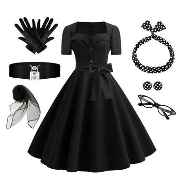 1950s Square Neck Short Sleeves Dress With Accessories Set - vintage dress, retro fashion, rockabilly