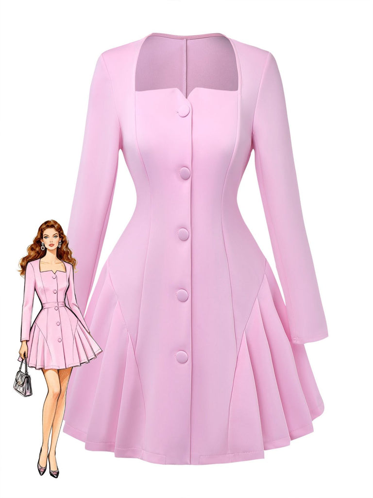 1950s Sweetheart Neck Long Sleeve Solid Pleated Dress 1950s Sweetheart Neck Long Sleeve Solid Pleated Dress