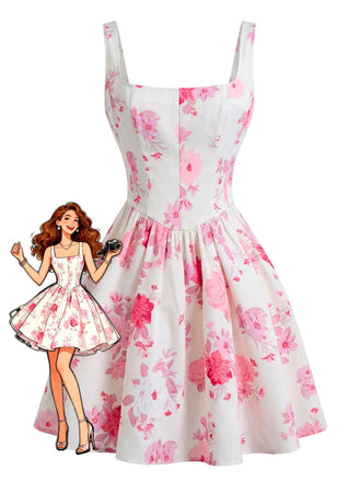 White 1950s Pink Floral Square-Neck Sleeveless Mini Dress - vintage dress, retro fashion, rockabilly