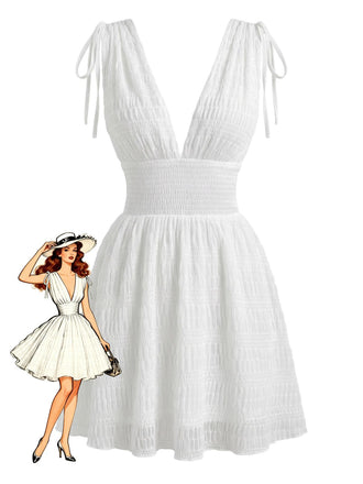 White 1950s Plunging Smocked Waist Textured Sleeveless Dress - vintage dress, retro fashion, rockabilly