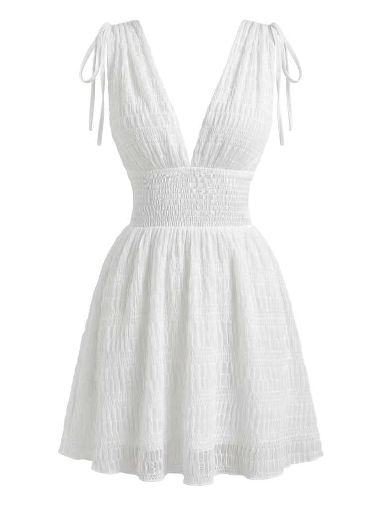 White 1950s Plunging Smocked Waist Textured Sleeveless Dress - vintage dress, retro fashion, rockabilly