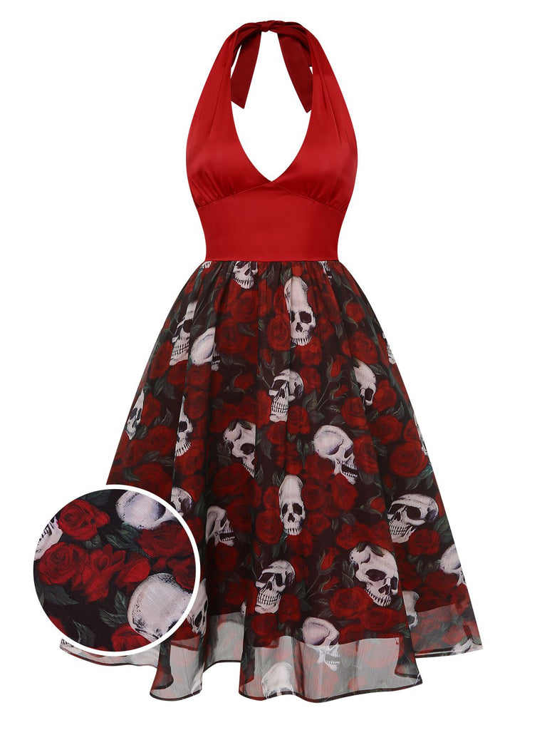 Wine Red 1950s Halter Haloween Roses Skeleton Mesh Dress - vintage dress, retro fashion, rockabilly