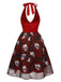 Wine Red 1950s Halter Haloween Roses Skeleton Mesh Dress - vintage dress, retro fashion, rockabilly