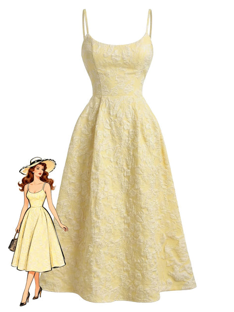 Retro Style Floral Jacquard Textured Spaghetti Strap Midi Milkmaid Dress Butter Yellow Retro Style Floral Jacquard Textured Spaghetti Strap Midi Milkmaid Dress Butter Yellow