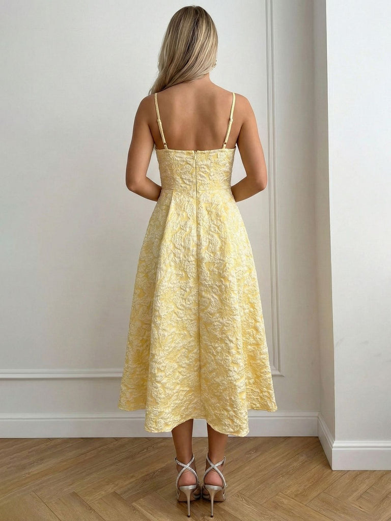 Retro Style Floral Jacquard Textured Spaghetti Strap Midi Milkmaid Dress Butter Yellow Retro Style Floral Jacquard Textured Spaghetti Strap Midi Milkmaid Dress Butter Yellow