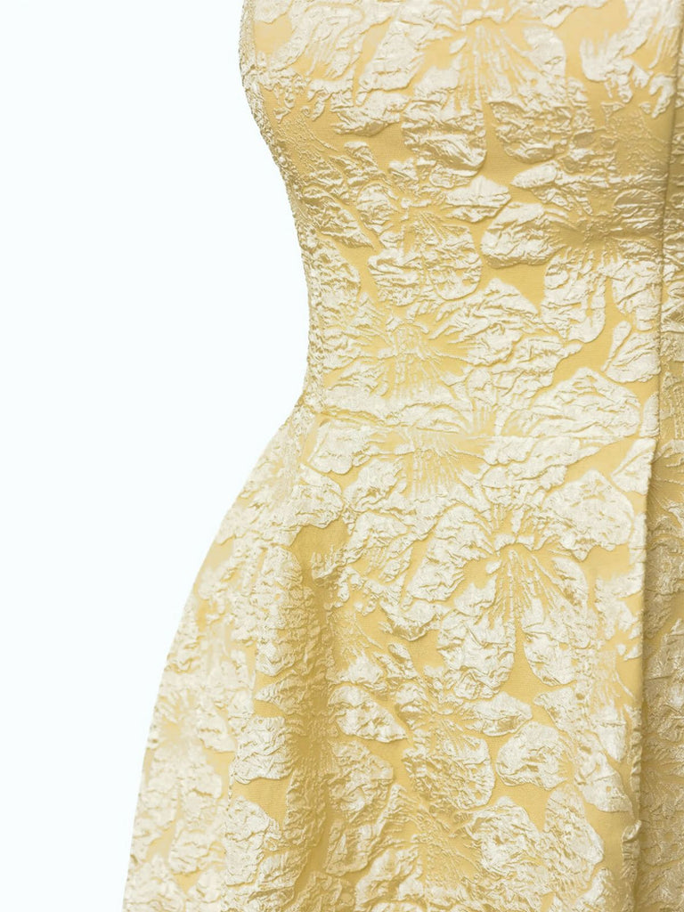 yellow jacquard dress Retro Style Floral Jacquard Textured Spaghetti Strap Midi Milkmaid Dress Butter Yellow