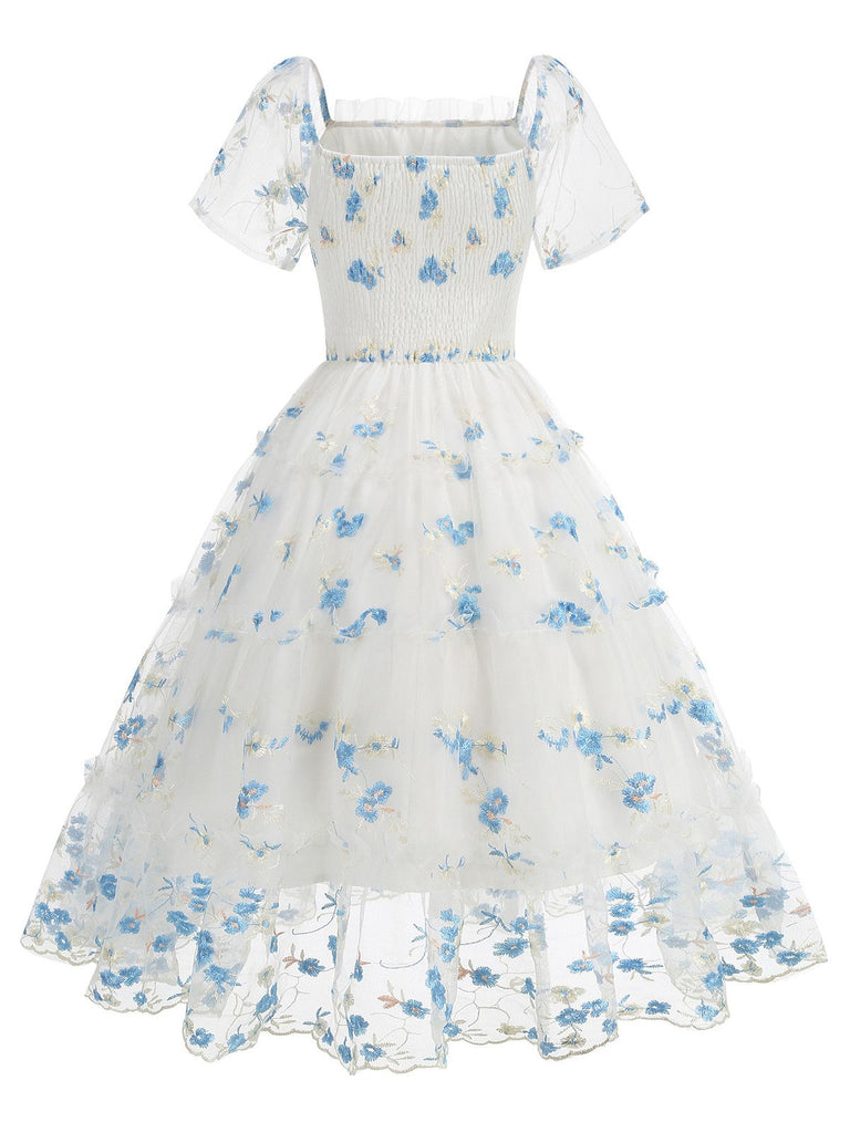 1950s Embroidered Flowers Mesh Puff Sleeve Dress - vintage dress, retro fashion, rockabilly