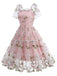 1950s Embroidered Flowers Mesh Puff Sleeve Dress - vintage dress, retro fashion, rockabilly