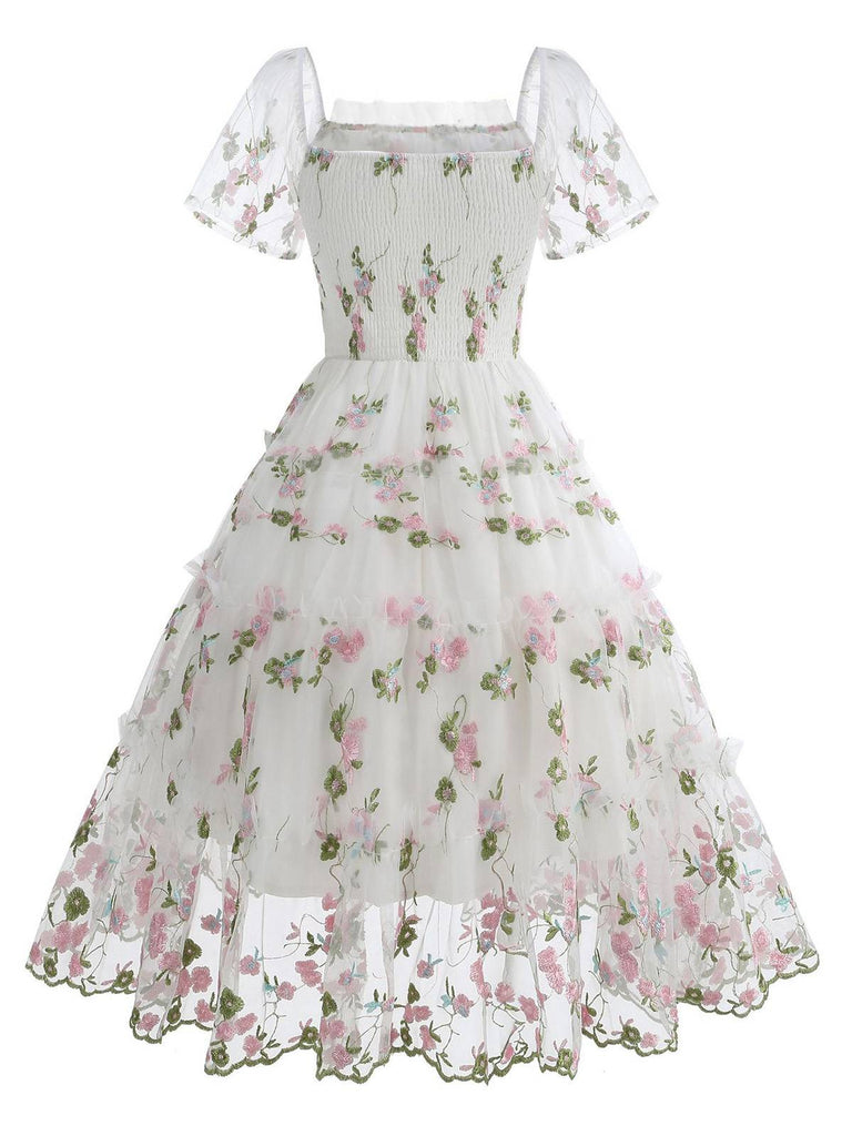 1950s Embroidered Flowers Mesh Puff Sleeve Dress - vintage dress, retro fashion, rockabilly