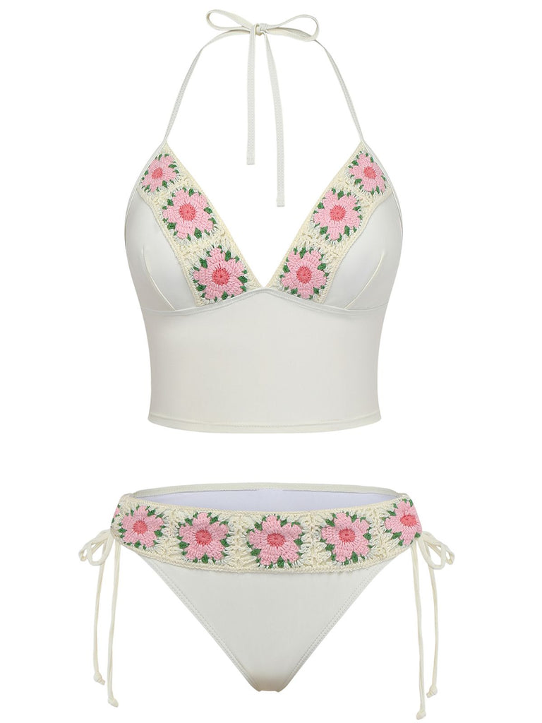 1950s Embroidered Handmade Floral High Waist Bikini Set - vintage fashion, retro style, elegant red