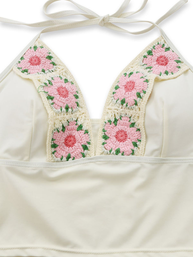 1950s Embroidered Handmade Floral High Waist Bikini Set - vintage fashion, retro style, elegant red