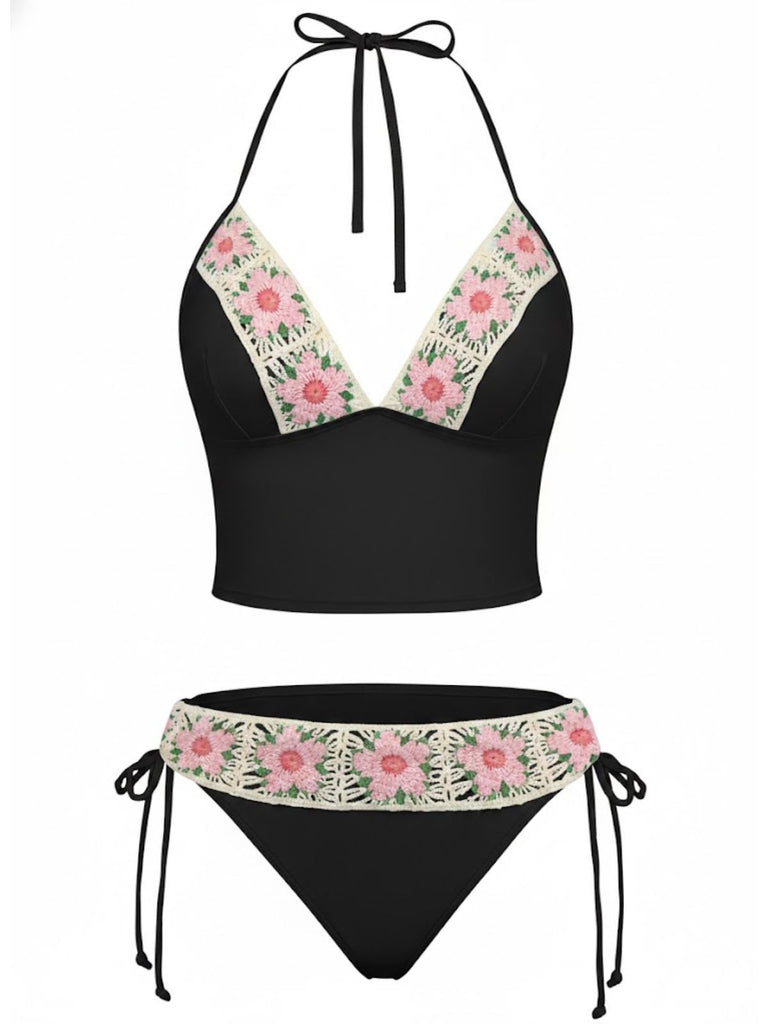 1950s Embroidered Handmade Floral High Waist Bikini Set - vintage fashion, retro style, elegant red