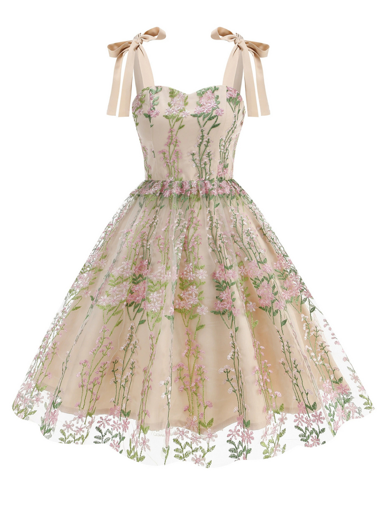 1950s Embroidered Mesh Lace-Up Sweetheart Neck Dress | Retro Stage