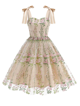 She slips into this 1950s Embroidered Mesh Lace-Up Sweetheart Neck Dress and suddenly it's a 1950s daydream